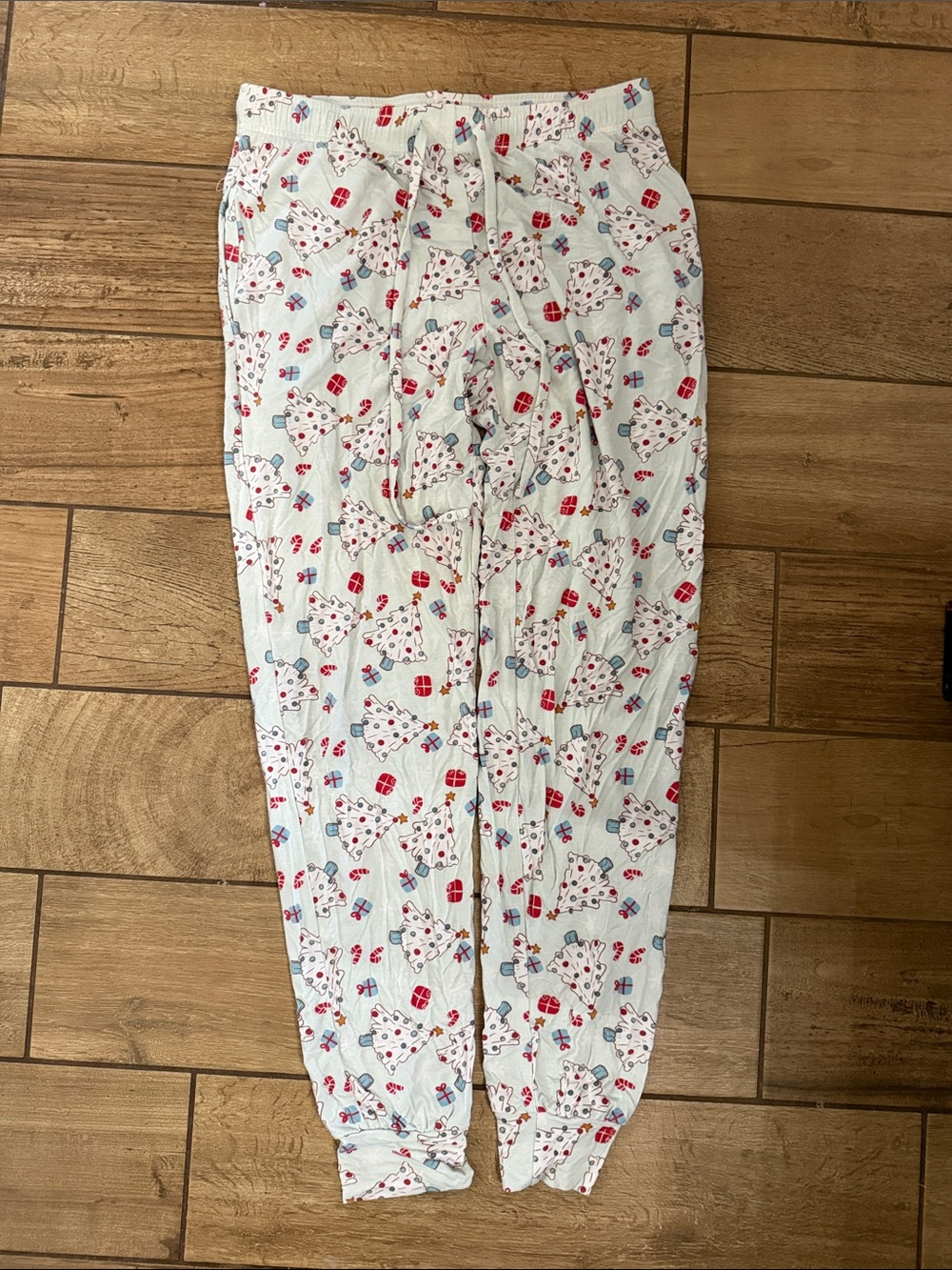 Caden Lane White Holiday Tree Print Pajama Pants with Red and Blue Accents